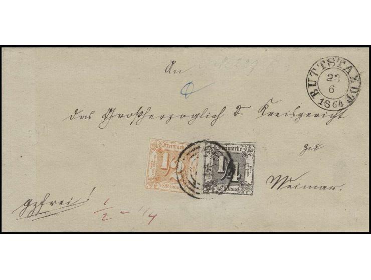 1862, ¼ Sgr. schwarz, voll- bis überrandig mit einseitig leicht berührter ½ Sgr. orange auf Nahbereichsbrief mit vorausbezahl