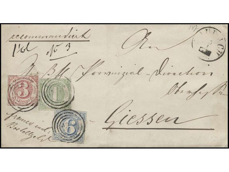 3 Kr. karmin in Mischfrankatur mit 1866, farbig durchstochen 1 Kr. grün (oben Scherentrennung) und 6 Kr. blau mit Nr. "130" a