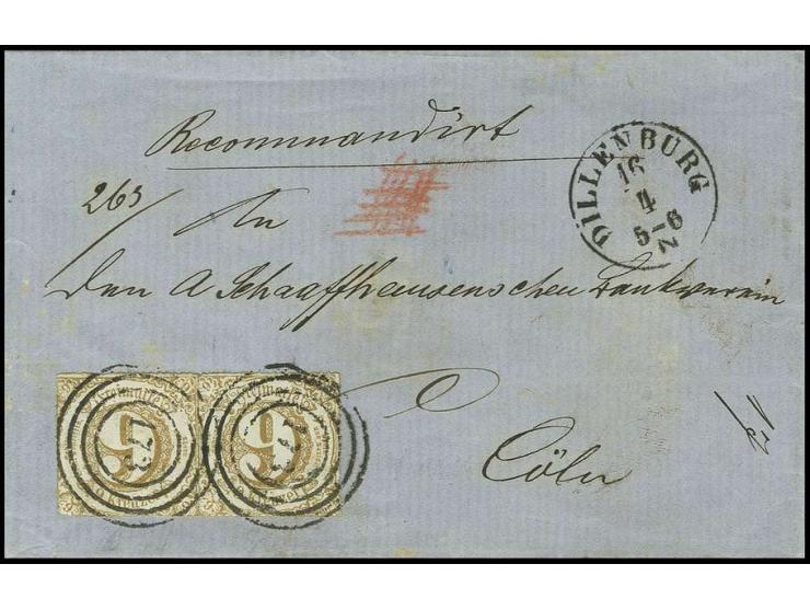 9 Kr. ockerbraun, zwei Einzelmarken mit Nummernstempel "173" und nebengesetztem EKr. "DILLENBURG 16 4" auf eingeschriebener F