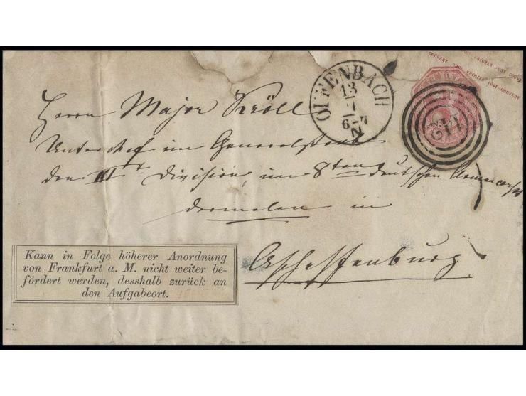 DIVERSES: 1866, Klebezettel: "Kann in Folge höherer Anordnung von Frankfurt a. M. nicht weiter befördert werden, desshalb zur