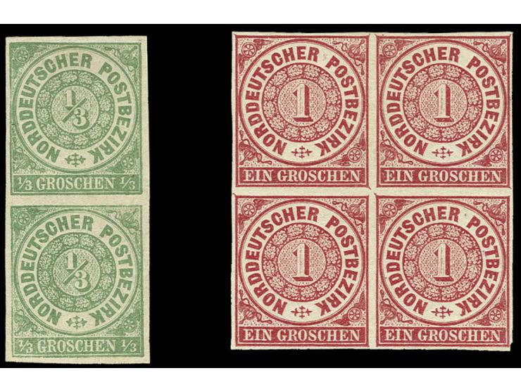 1868, durchstochen: 1/3 Gr. grün im senkrechten Paar und 1 Gr. karmin im 4er-Block, je voll- bis breitrandig undurchstochen, 