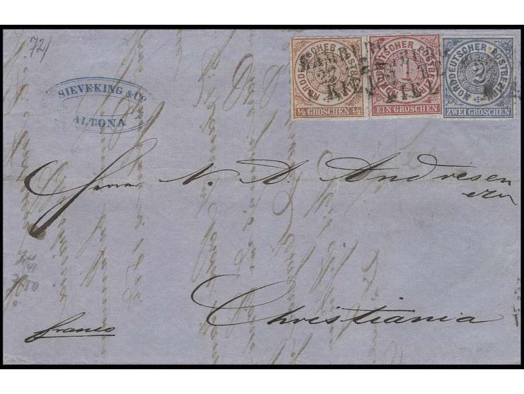 ½ Gr. orange, 1 Gr. rosa und 2 Gr. blau mit Bahnpost-L3 "HAMBURG/22 2 IIT/KIEL" auf Faltbrief von Altona nach Christiania, No
