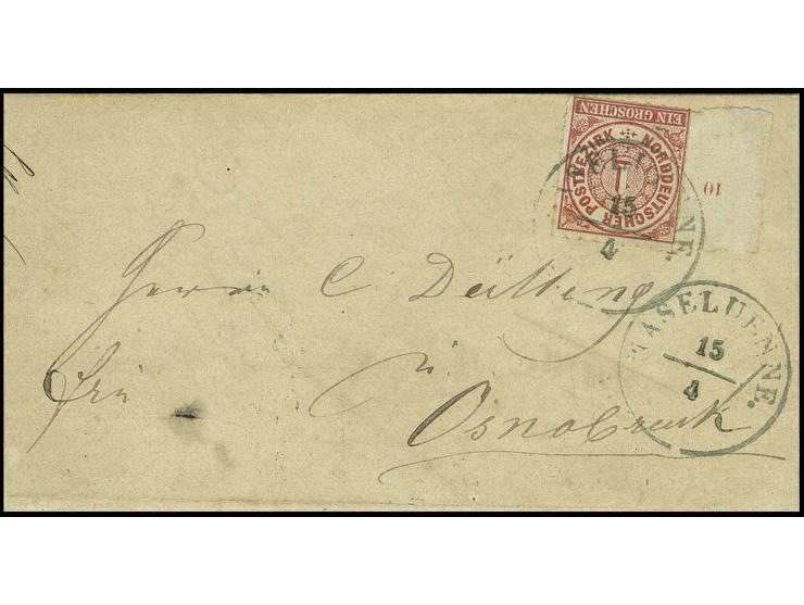 1 Gr. karmin, linkes Randstück mit breitem Bogenrand und Reihenzähler "10" mit Hannover-DKr. "HASELUENNE 15/4" auf Briefhülle