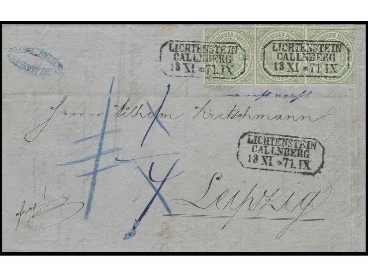 1869, gezähnt: 1 Kr. gelblichgrün im waagerechten 3er-Streifen, irrtümliche Verwendung im Thalergebiet mit 2 sauberen Achteck