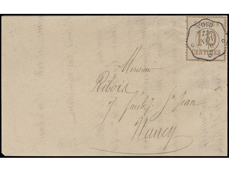 1870, Spitzen nach oben: 10 C. orangebraun mit französischem Telegraphenstempel "VOID 22 NOV. 70" auf Briefvorderseite nach N