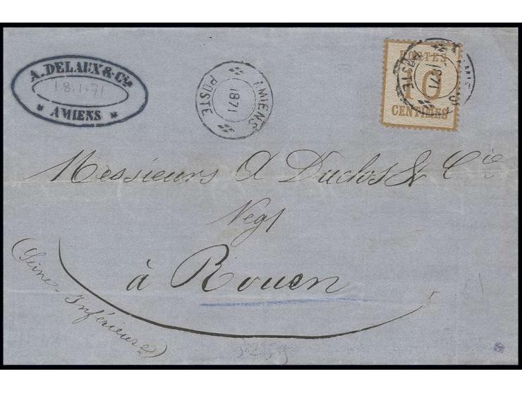 10 C. orangebraun mit französischem DKr. "AMIENS 1871" auf Faltbrief nach Rouen, sehr seltener provisorischer Stempel, nochma