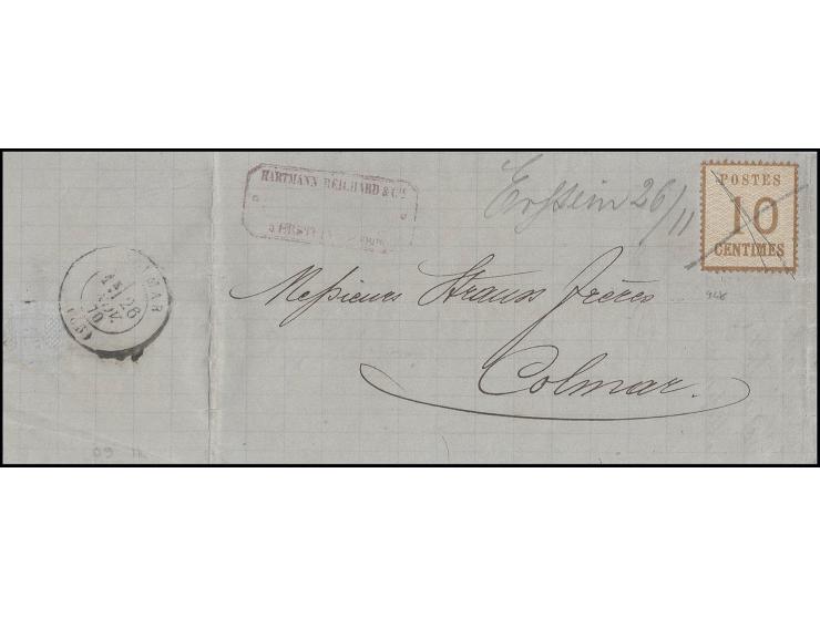10 C. orangebraun mit kreuzweise handschriftlicher Entwertung und nebengesetztem Aufgabevermerk "Erstein 26/11" (1870) auf Fa