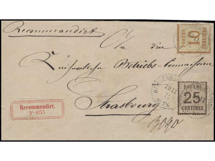 10 C. ockerbraun und 25 C. braun (je 1 Zahn kurz) mit EKr. "WEISSENBURG I/ELSASS 29 11 71" und Versuchs-R-Zettel (enge Schlin