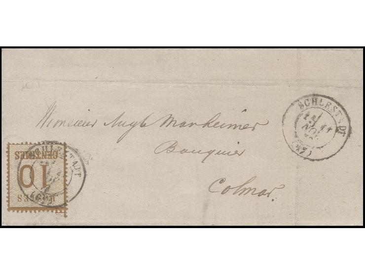 10 C. braunocker mit französischem DKr. "SCHLESTADT 11 NOV. 70" auf Brief nach Colmar mit französischem Zweikreisstempel als 