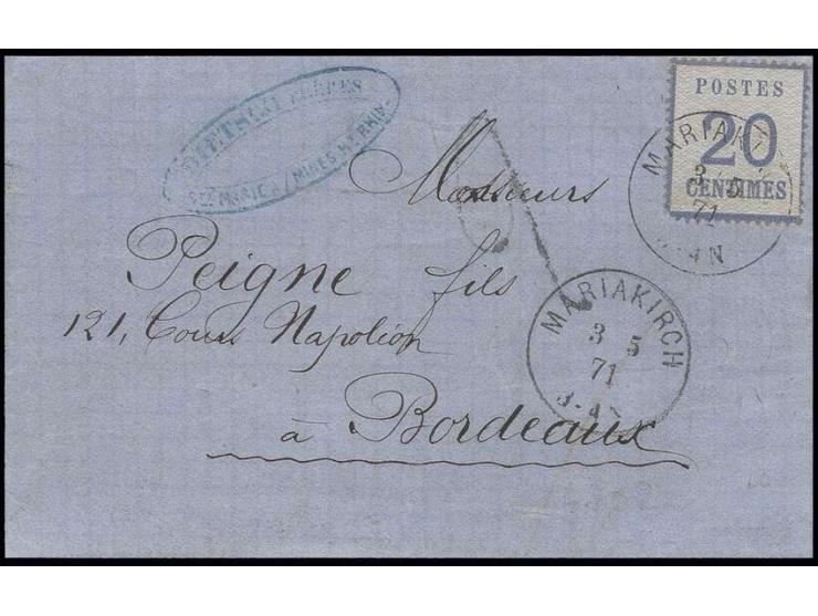 20 C. ultramarin, minimal eckrund mit EKr. "MARIAKIRCH" in Doppelfrankatur mit französischem Taxstempel "2" (seltene Type FTa