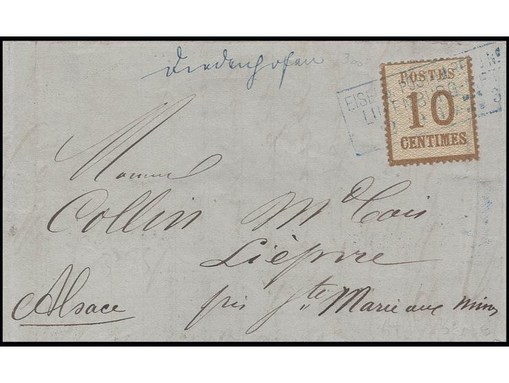 10 C. orangebraun mit blauem Ra3 "EISENB.POST-BUREAU No. 12 / LUXEMBURG-METZ / 12 10 71" auf kleinem Faltbrief mit nebengeset
