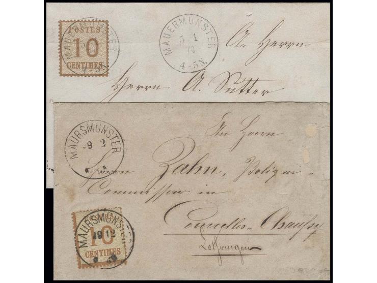 10 C. braunocker mit EKr. "MAURSMUNSTER 19 12" (1870) auf kleinem Briefumschlag nach Courcelles (Umschlag fehlerhaft) dazu ko