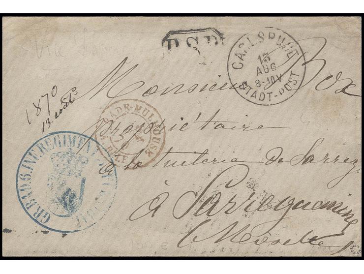 FELDPOST: 1870, Brief mit blauem Briefstempel "GR. BAD .6.INF.REGIMENT" und EKr. "CARLSRUHE STADT-POST 13. AUG" nach Saargemü