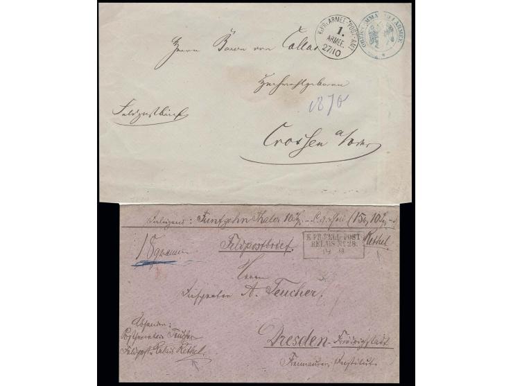 1870, "K:PR:FELD-POST/RELAIS No. 28./19 9", klarer  Ra.3 auf 5fach gesiegeltem Wertbrief über 15 Thaler, 10 Sgr. nach Dresden