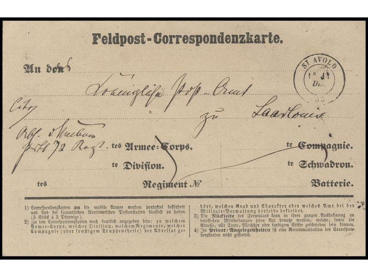 1870, Feldpost-Correspondenzkarte mit französischem DKr. "ST. AVOLD 21 DEC" an das königliche Postamt zu Saarlouis betreffend