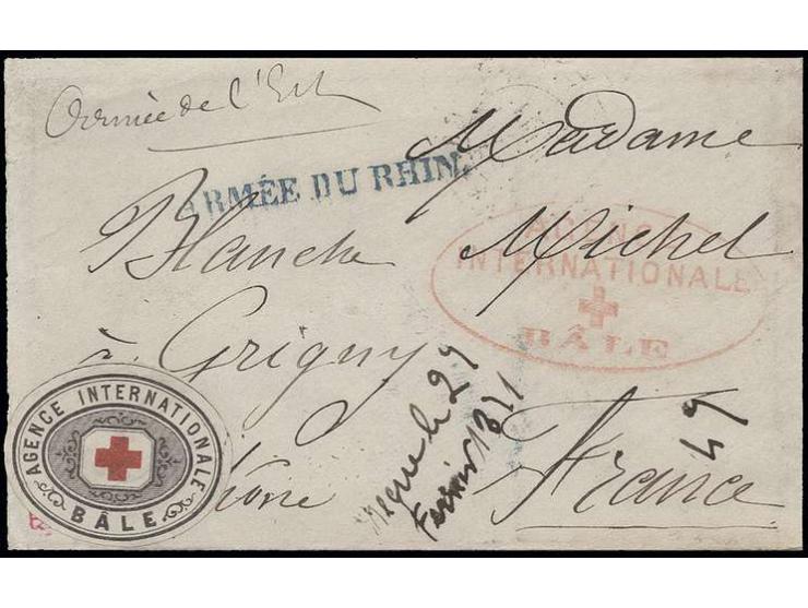 1871, "ARMEE DU RHIN.", klarer Einzeiler auf Rot-Kreuz-Brief mit ovalem roten "AGENCE INTERNATIONALE BÂLE" und Papiersiegel a