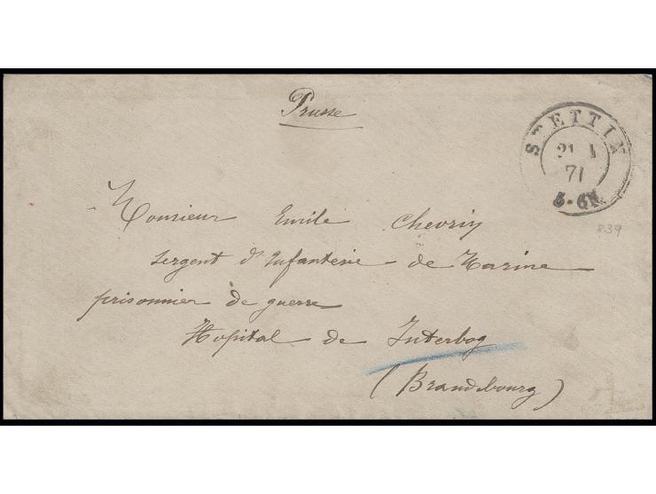 1871, Brief mit rückseitigem Zudruck "Feldpostbrief frei laut Ordre vom / 7 August 1870 / 3. Bat. 25. Comp." "Revidirt" mit P