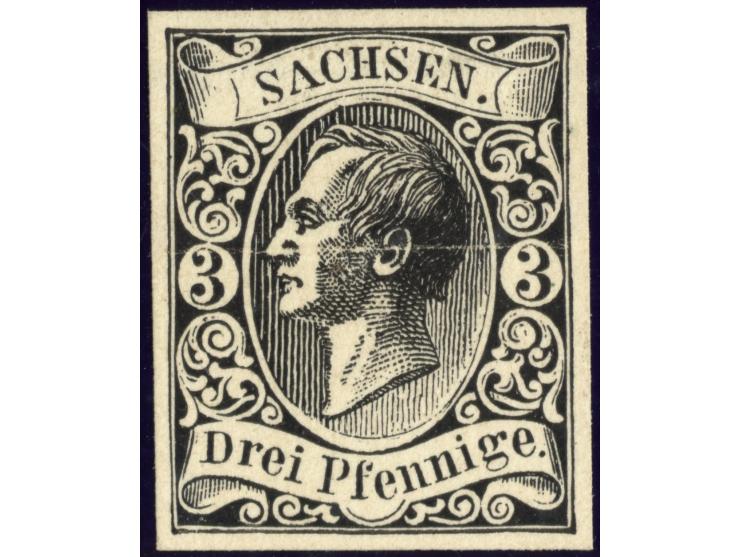 Hirschfeldsches Essay in schwarz auf weißem Kreidekarton mit Wertbezeichnung "Drei Pfennige"; obwohl die Druckerei Hirschfeld