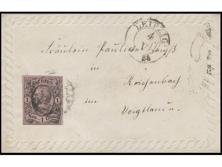 1 Neugroschen auf hellgraurot, Type I, mit etwas unsauberem Nummernstempel auf kleinem Damenbrief mit farblos geprägter Zierb