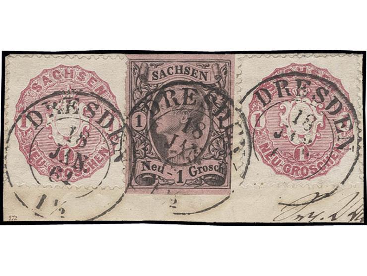 1 Neugroschen auf mattgraurot, Type II, in wertstufengleicher Mischfrankatur mit 2 Stück Wappen 1 Neugroschen rosa, abwechsel