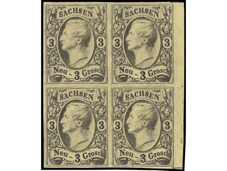 3 Neugroschen auf gelb im 4er-Block, allseits breitrandig, rechts mit ca. 3 mm Bogenrand, ungebraucht mit Originalgummi, Kabi