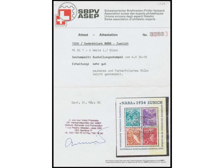 1934, NABA-Block mit zentrischem Sonderstempel, in der Zähnung leicht gestaucht, Fotoattest von der Weid (Mi. 750,-)