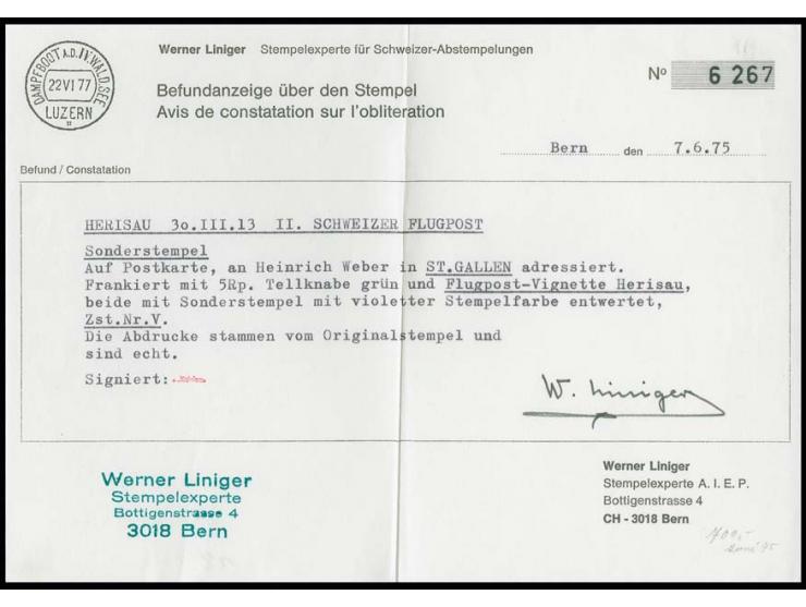 Halbamtliche Flugmarken: 1913, Herisau-Niederglatt 50 C. mit Zufrankatur, beide mit entsprechendem Sonderstempel auf Karte na