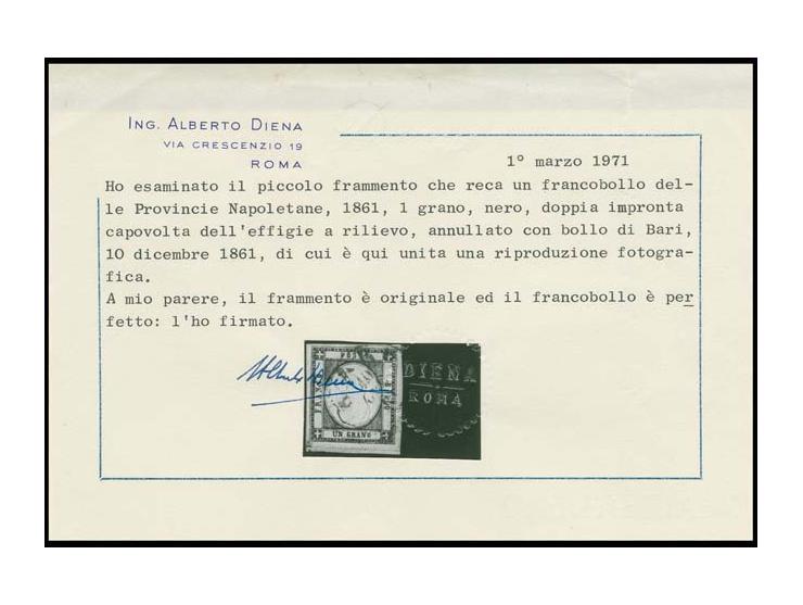 PROVINCIE NAPOLETANE: 1861, 1 gr. black with central embossing inverted and double, good to wide margins, used with cds. of B