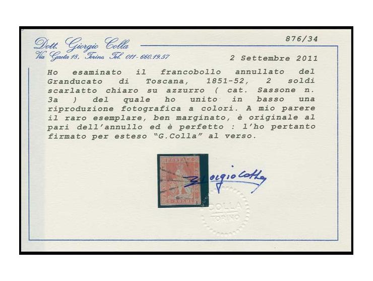 1851/52, 2 s. brown-red on blue, good margins all around and lightly cancelled, very fine, a rare stamp, certificate Colla (S