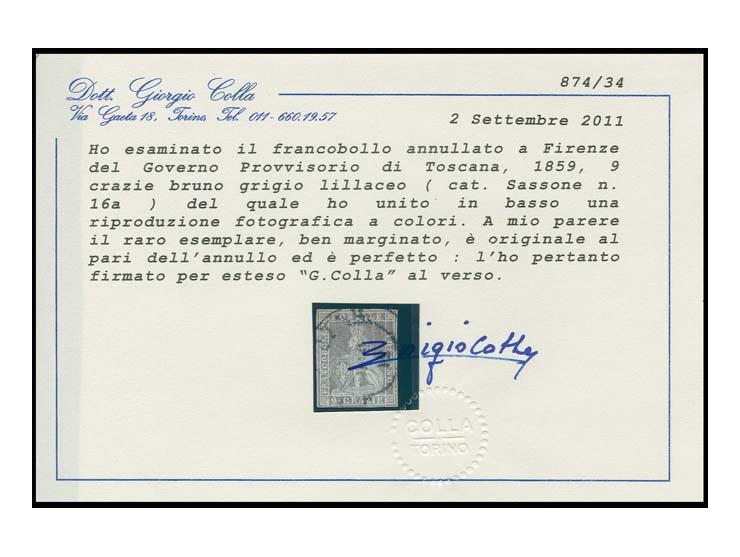 1859, 9 cr. lilac-brown, good margins all around, lightly cancelled, very fine, a rare stamp, certificate Colla (Sassone-no. 