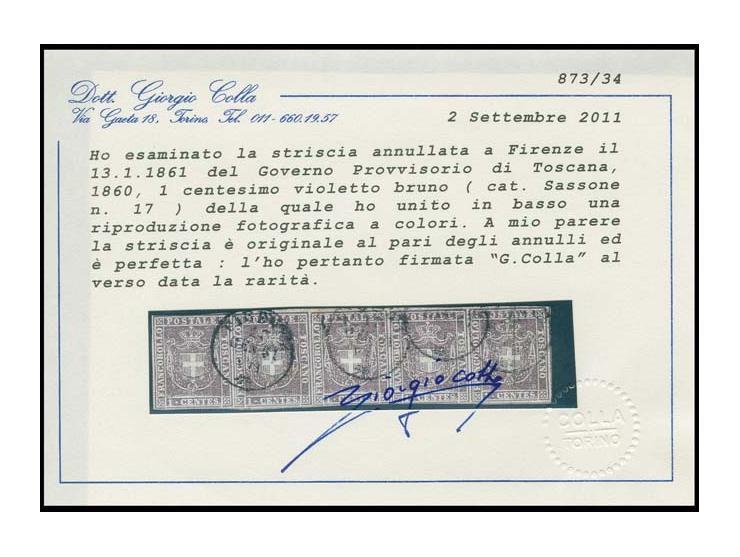 1860, 1 c. brownish-lilac, horizontal strip of 5 with mostly wide margins, lightly cancelled "FIRENZE 13 GEN 61"; a fine and 