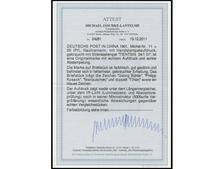 20 Pfg. mit zentrischem Stempel "TIENTSIN 24/1 01" auf Briefstück, Kabinett, u.a. sign. Kosack und Fotoattest Jäschke-L. BPP