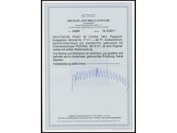 80 Pfg. mit Stempel "PEKING 25/10 01" auf kleinem Briefstück, Kabinett, Fotoattest Jäschke-L. BPP