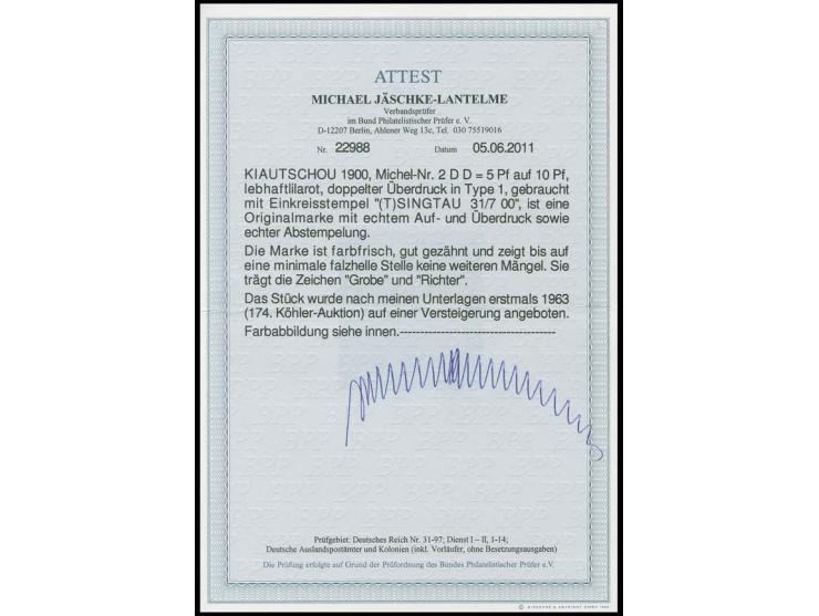 1900, 2. Tsingtau-Ausgabe 5 Pf. auf 10 Pfg. mit doppeltem Aufdruck in Type 1, farbfrisch und gut gezähnt, sauber entwertet "T