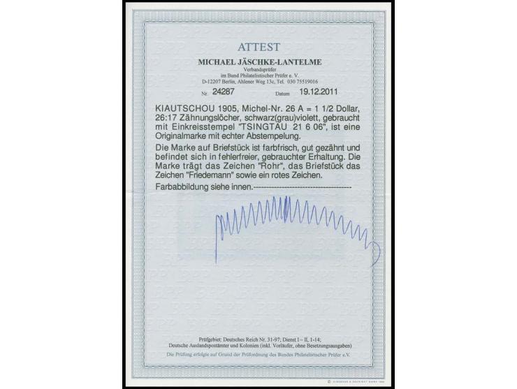1905, ohne Wasserzeichen: 1½ $. sauber mit Stempel "TSINGTAU 21 6 06" auf Briefstück, Kabinett, u.a. sign. Friedemann und Fot