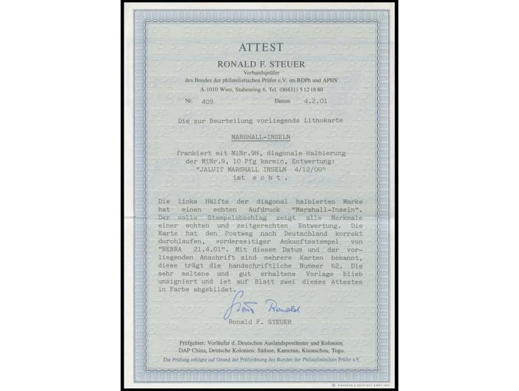 Marshall-Inseln 10 Pfg., diagonal halbiert mit klarem Stempel "JALUIT 4/12 00" auf Ansichtskarte nach Bebra mit Ankunftsstemp