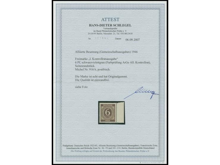 6 Pfg. schwarzviolettgrau, rechtes Randstück, postfrisch in einwandfreier Erhaltung; im Rand sign. Arge Kontrollrat, Fotoatte