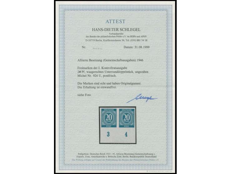 20 Pfg. ungezähnt, waagerechtes Unterrandpaar, postfrisch, unsign., Fotoattest H.-D. Schlegel BPP (Mi. 800,-)