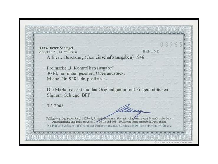 30 Pfg., nur unten gezähntes Oberrandstück, postfrisch mit leichten Fingerspuren, sign. Schlegel BPP und Fotobefund H.-D. Sch