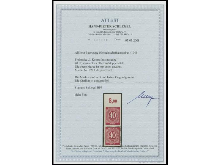 40 Pfg., nur unten gezähntes Oberrandstück im senkrechten Paar mit Normalmarke, postfrisch, sign. Schlegel BPP und Fotoattest