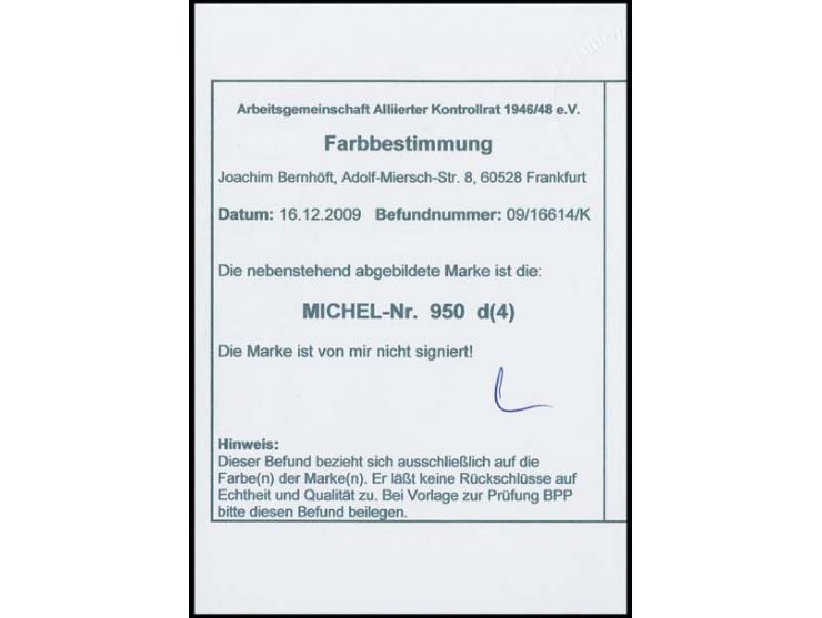 20 Pfg. grünlichblau, postfrischer 4er-Block aus der rechten unteren Bogenecke, 2 Marken je kleiner Stockpunkt, Farbbestimmun