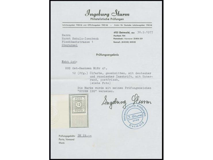 12 Pfg., Unterrandstück, postfrisch, im Rand private Signatur sowie sign. Dub und Sturm IBG mit Befund