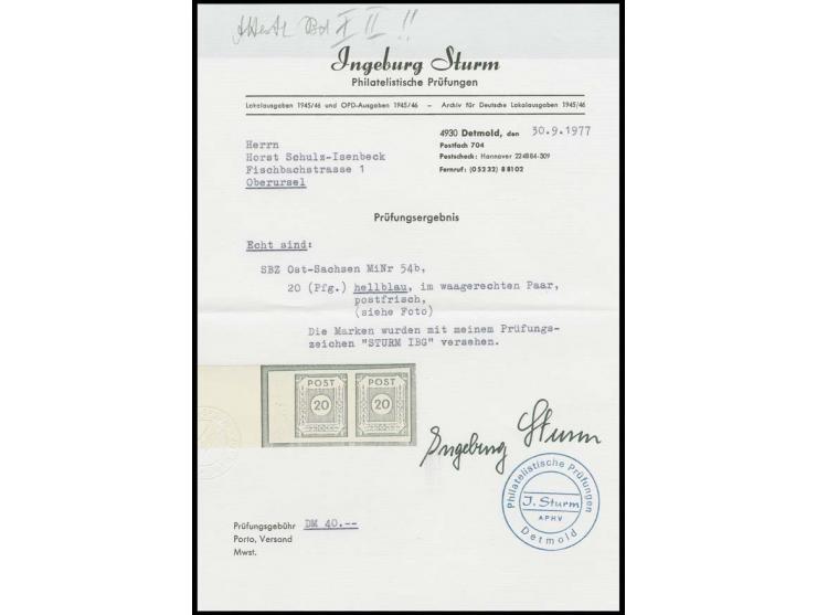 20 Pfg. lebhaftpreußischblau im waagerechten Paar vom linken Bogenrand, postfrisch mit leichtem Farbabklatsch, sign. Leonhard