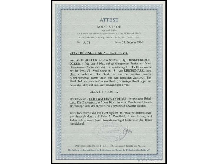 1945, Antifa-Block auf grauem Papier, Type VI aus der rechten unteren Bogenecke mit Stempel "GERA 4.3.46" auf überfrankiertem
