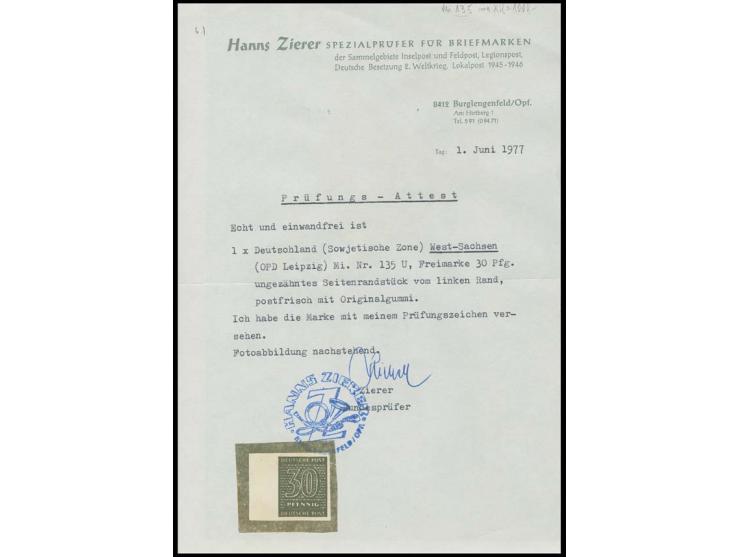 Ziffern gezähnt: 30 Pfg., ungezähntes linkes Randstück, postfrisch, sign. Zierer mit Attest (1977) (Mi. 1.500,-)