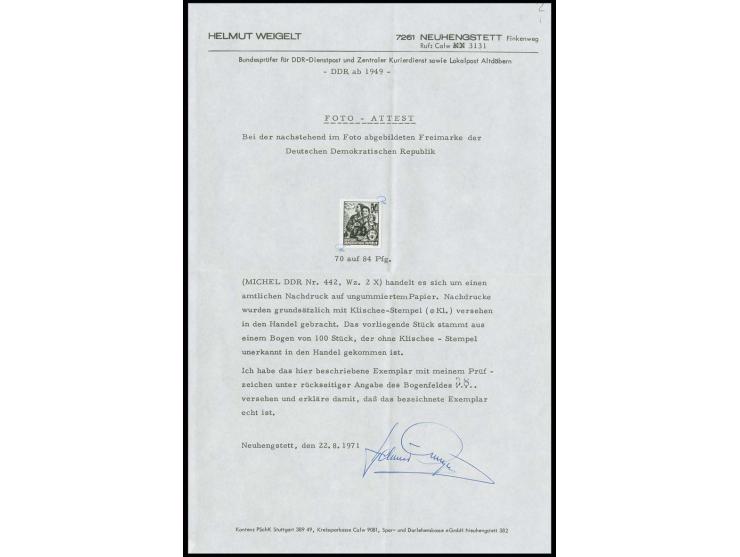 1954, 70 auf 84 Pfg., amtlicher Nachdruck ohne aufgedruckten Klischee-Stempel, sign. und Fotoattest Weigelt (1971) (Mi. 350,-