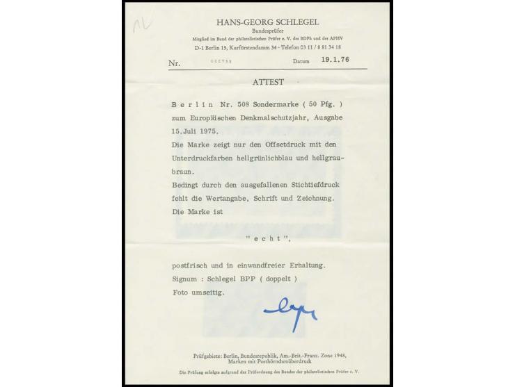 1975, Europäisches Denkmalschutzjahr 50 Pfg. mit fehlender Inschrift, Wertziffer und Gebäude, postfrisch, sign. Schlegel BPP 