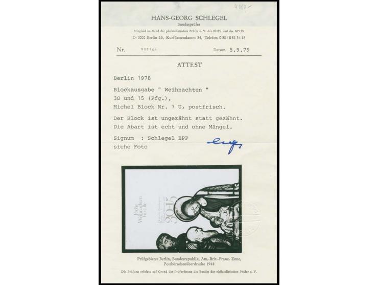 1978, Weihnachts-Block ungezähnt, postfrisch mit  Fingerspuren, unsign., Fotoattest Schlegel BPP (1979) (Mi. 4.000,-)