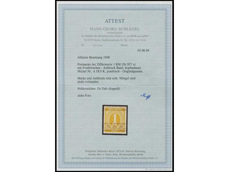 1 M. mit kopfstehendem Aufdruck, postfrisch, sign. Dr. Dub und Fotoattest Schlegel BPP (1994) (Mi. 1.600,-)