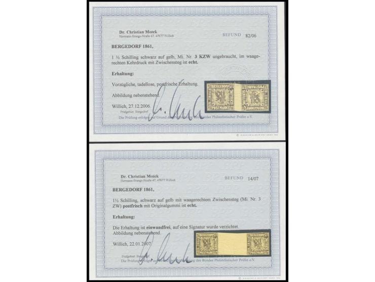 1½ Sch. auf gelb im waagerechten Zwischenstegpaar und Zwischensteg-Kehrdruckpaar, beide postfrisch, Kabinett, unsign., je Fot